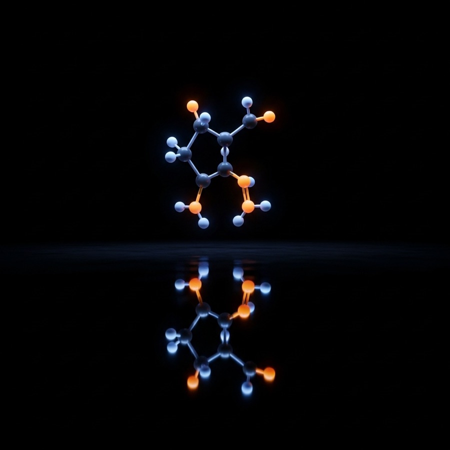 A single molecule and its mirror-image reflection, rendered in blue and orange atoms on a black surface.
